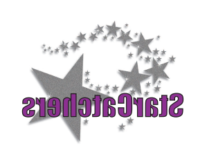 A graphic logo for "StarCatchers" featuring a swirl of silver stars forming a circle with a large star on the bottom right. The text "StarCatchers" is written in purple letters with a glitter effect